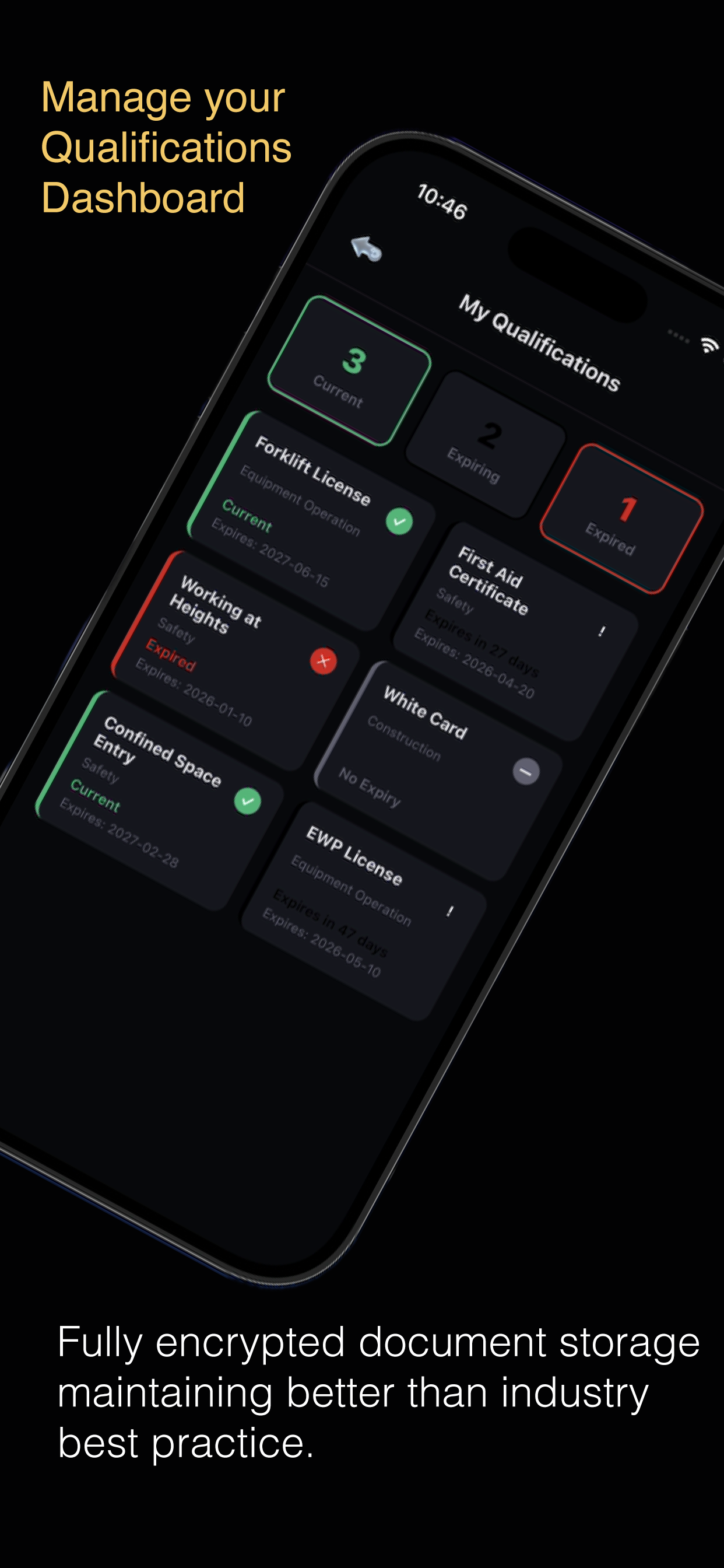 AXITRAQ App — Qualifications dashboard with expiry tracking