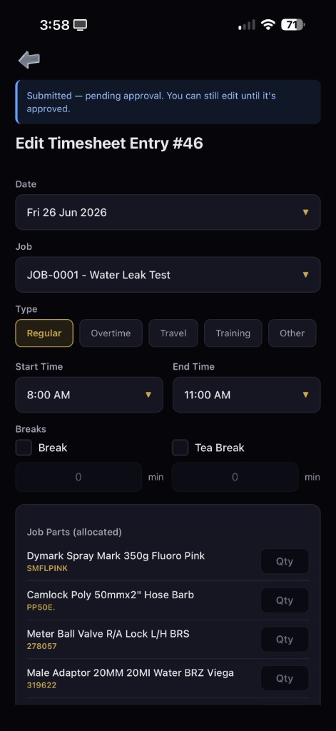 AXITRAQ Operations App — Timesheet entry with parts