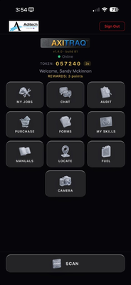 AXITRAQ Operations App home screen — Aditech