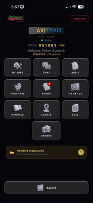 AXITRAQ Operations App home screen — Whitfield Excavations