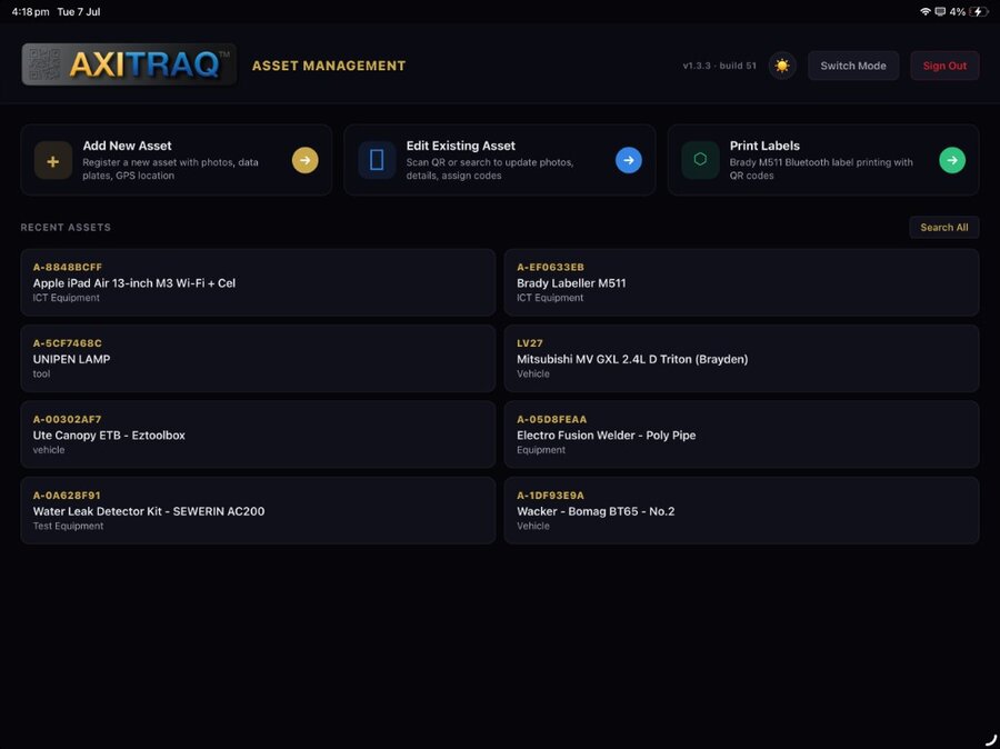 AXITRAQ Tablet App Asset Management light mode