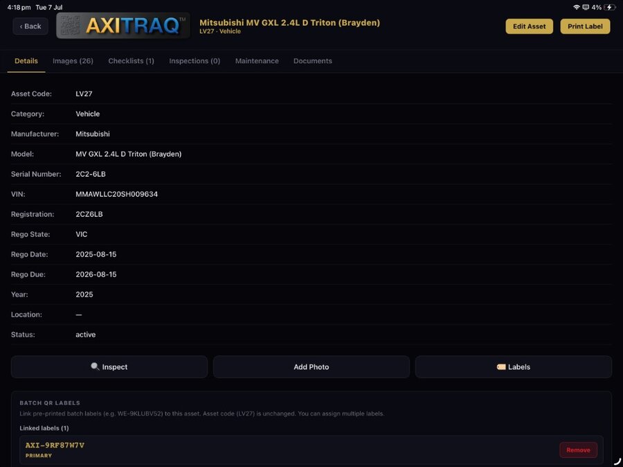 AXITRAQ Tablet App Asset Detail with batch QR labels