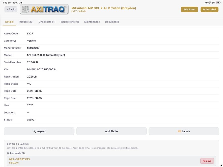 AXITRAQ Tablet App Asset Detail light mode