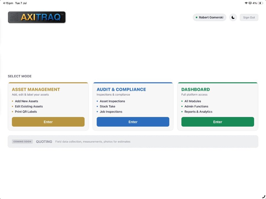 AXITRAQ Tablet App Select Mode screen
