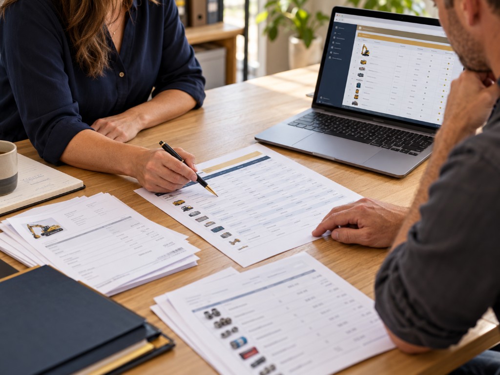 Two people reviewing printed asset records beside a laptop showing an equipment register