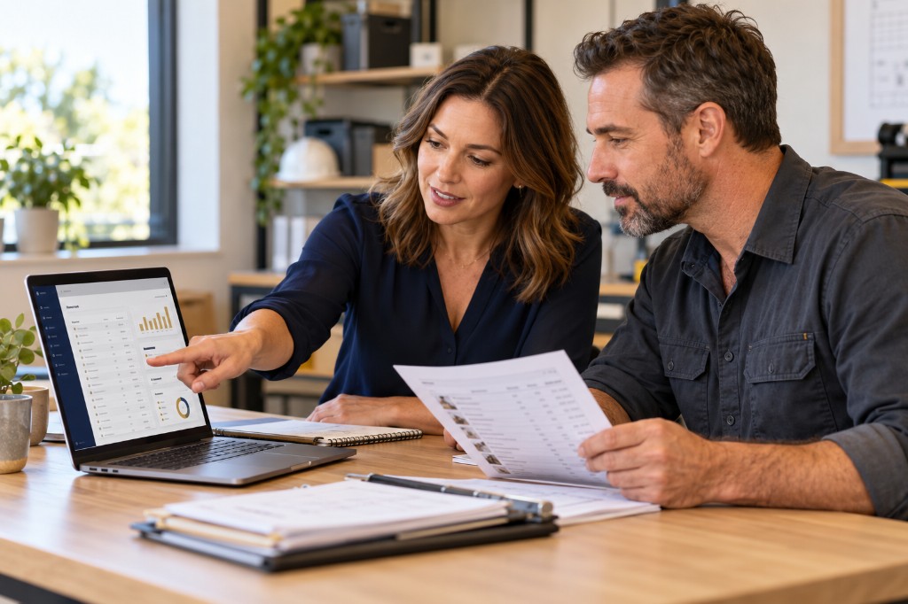 Two colleagues reviewing a dashboard on a laptop and printed records during an AXITRAQ setup session
