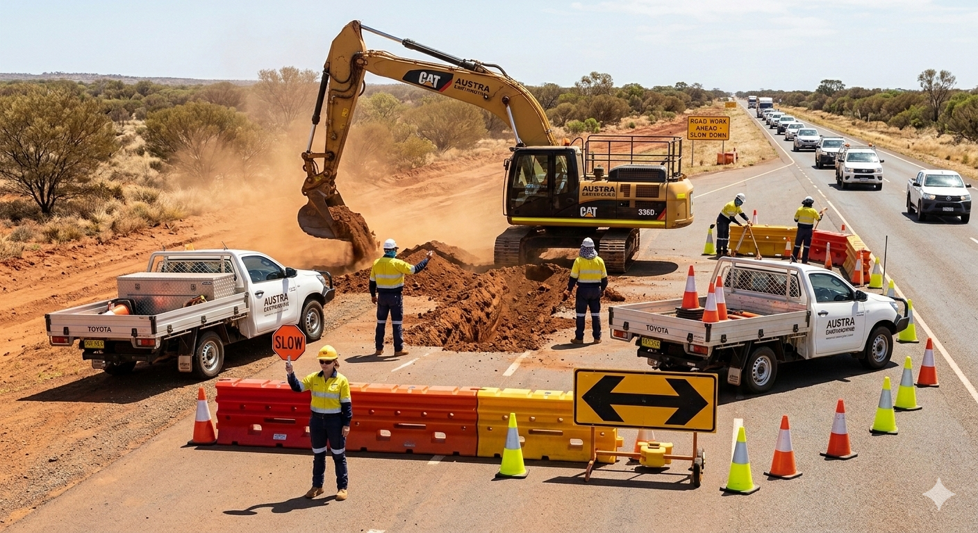 Construction site with heavy equipment and traffic management