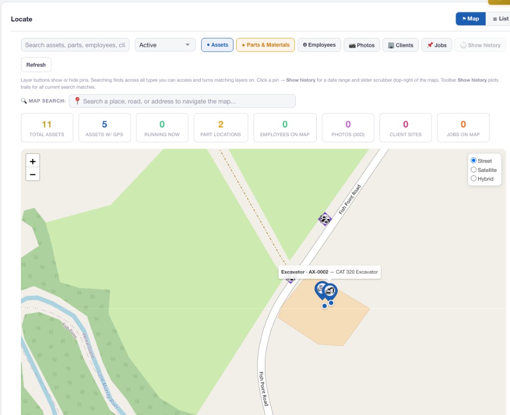 AXITRAQ locate map showing an excavator pin on Fish Point Road