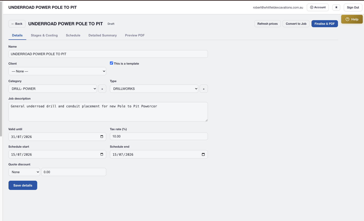AXITRAQ Quote details tab with client, category, schedule and discount fields