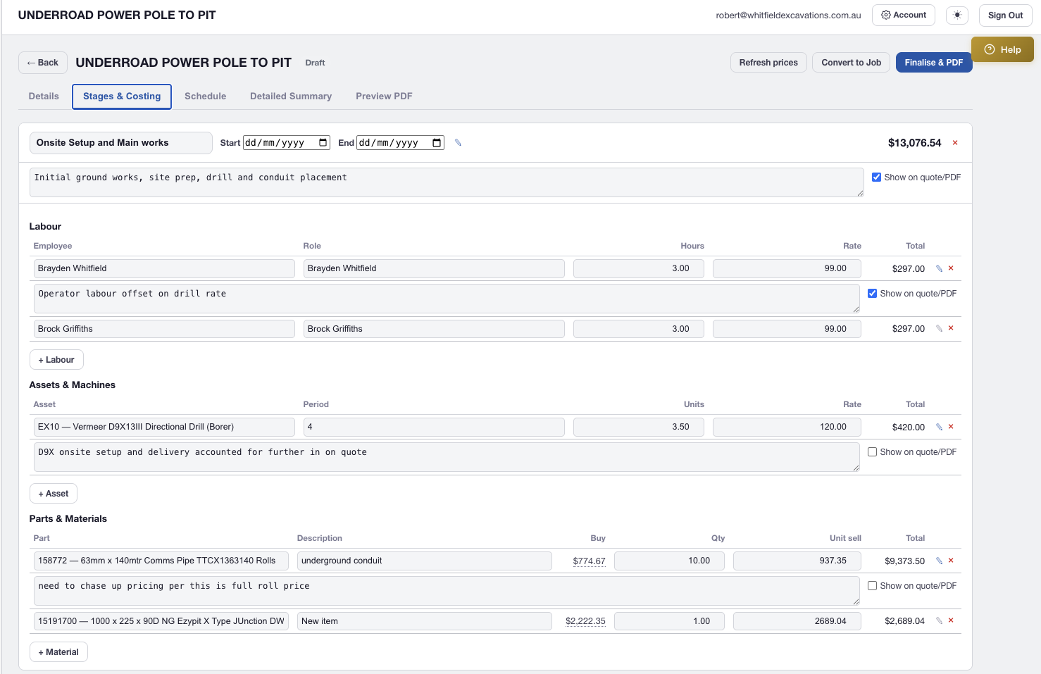 AXITRAQ Quote Stages and Costing tab with labour, asset and material lines